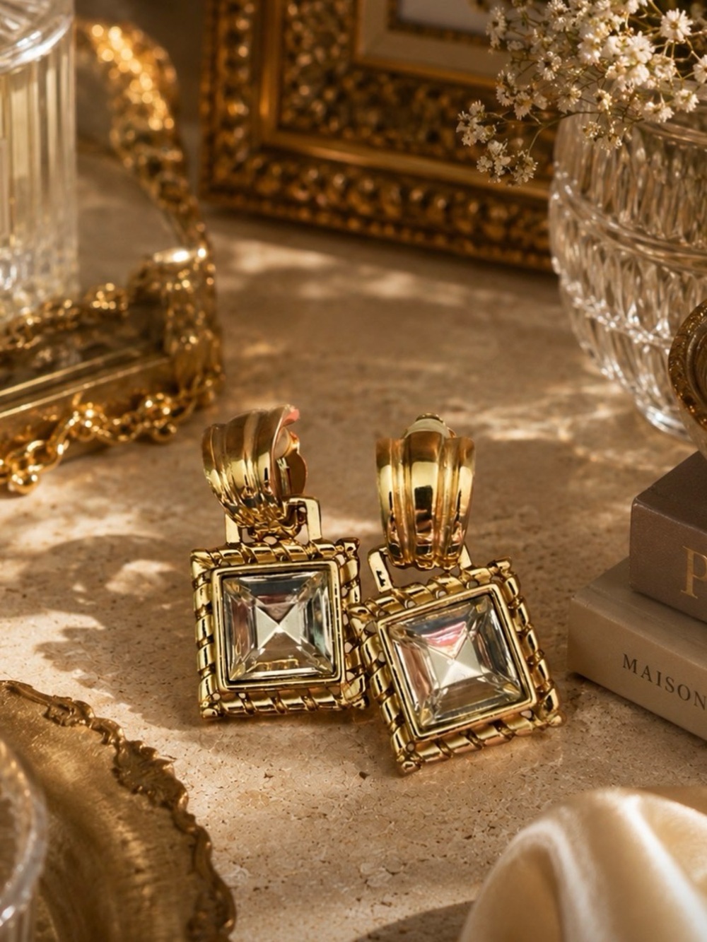 GIVENCHY Vintage Square Crystal Rhinestone Earrings